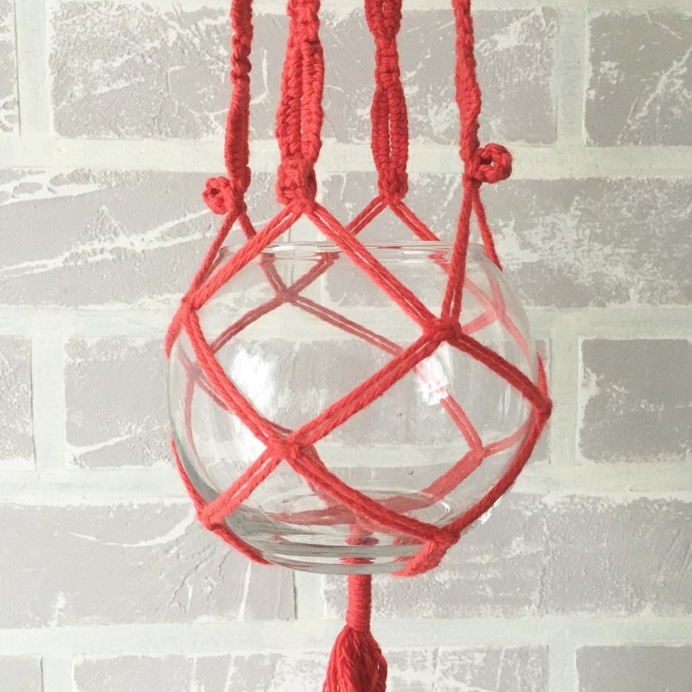Handmade red cotton macrame plant  hanger. - Picture 7 of 8